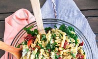 Goat cheese pasta with mushrooms, asparagus, and sun-dried tomatoes