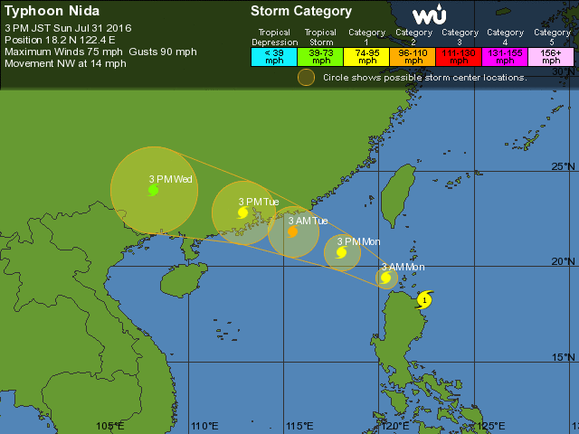 Tropical storm Nida moving west-northwest toward the East Sea on July 31