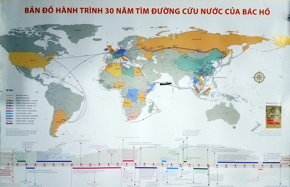 Karte des Weges von Präsident Ho Chi Minh auf der Suche nach dem Weg zur Rettung des Landes