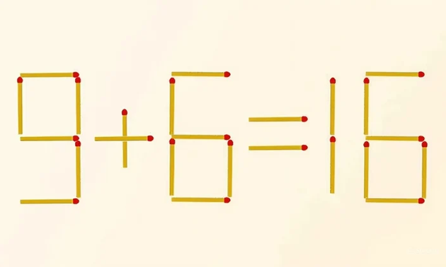 Di chuyển que diêm để phép tính 9 + 6 = 16 từ sai thành đúng