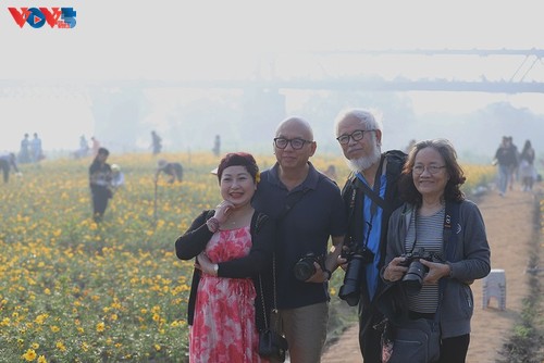 Le tapis de fleurs sous le pont Long Biên séduit les visiteurs - ảnh 7