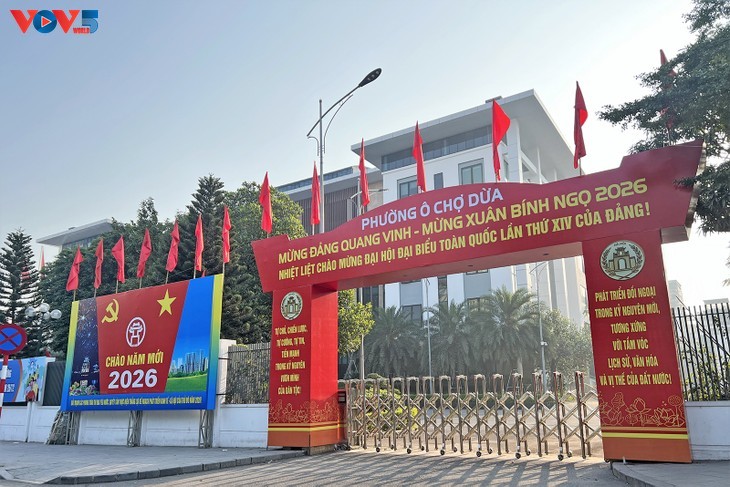 Hanoï se pare de drapeaux et de fleurs à l’approche du XIVᵉ Congrès national du Parti - ảnh 16