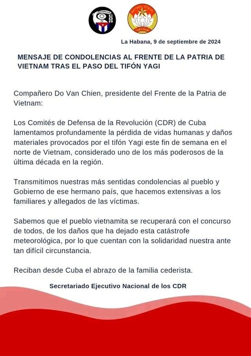 Cuba comparte con el pueblo vietnamita dolor por pérdidas tras paso del tifón Yagi - ảnh 1