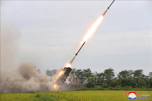 North Korea conducts test-fire of 240mm multiple rocket launcher shells - ảnh 1