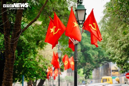 在历史性的四月里，国旗染红了河内的每条街道、每栋建筑 - ảnh 13