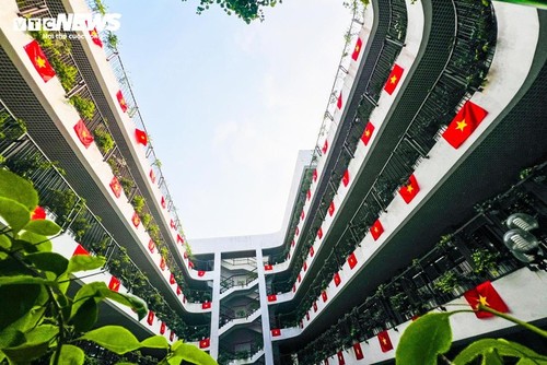 在历史性的四月里，国旗染红了河内的每条街道、每栋建筑 - ảnh 3