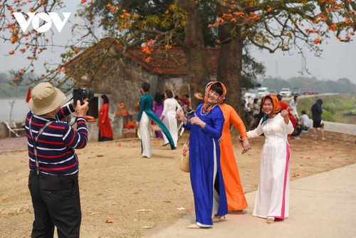 Du khách nô nức chụp ảnh bên cây gạo hơn 200 tuổi nở hoa rực rỡ ở Bắc Giang - ảnh 3