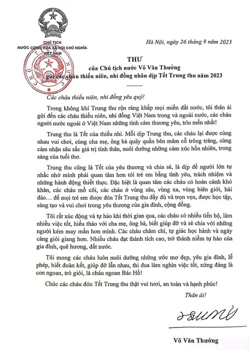 Chủ tịch nước Võ Văn Thưởng gửi thư tới các cháu thiếu niên, nhi đồng nhân dịp Tết Trung thu năm 2023 - ảnh 1