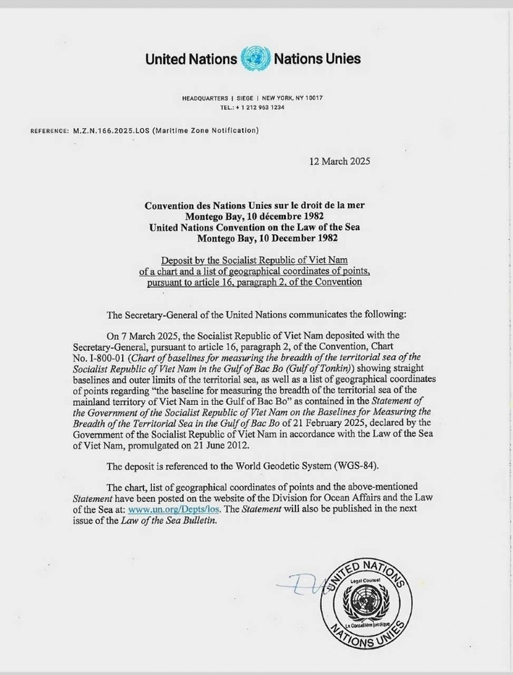 La ONU confirma el depósito por parte de Vietnam de un mapa y las coordenadas geográficas de los puntos de referencia en el Golfo de Tonkín - ảnh 2