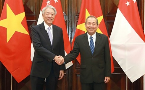 Deputi Harian PM Vietnam, Truong Hoa Binh melakukan pembicaraan dengan Deputi PM, Menteri Koordinator Keamanan Nasional Singapura, Xiao Zhixian - ảnh 1