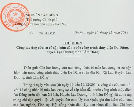 Thủ tướng gửi thư khen công tác ứng cứu sự cố sập hầm dẫn nước công trình thủy điện Đa Dâng,Lâm Đồng - ảnh 1