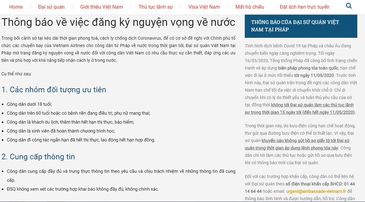 Đại sứ quán Việt Nam tại Pháp thông báo việc đăng ký nguyện vọng về nước cho công dân - ảnh 1